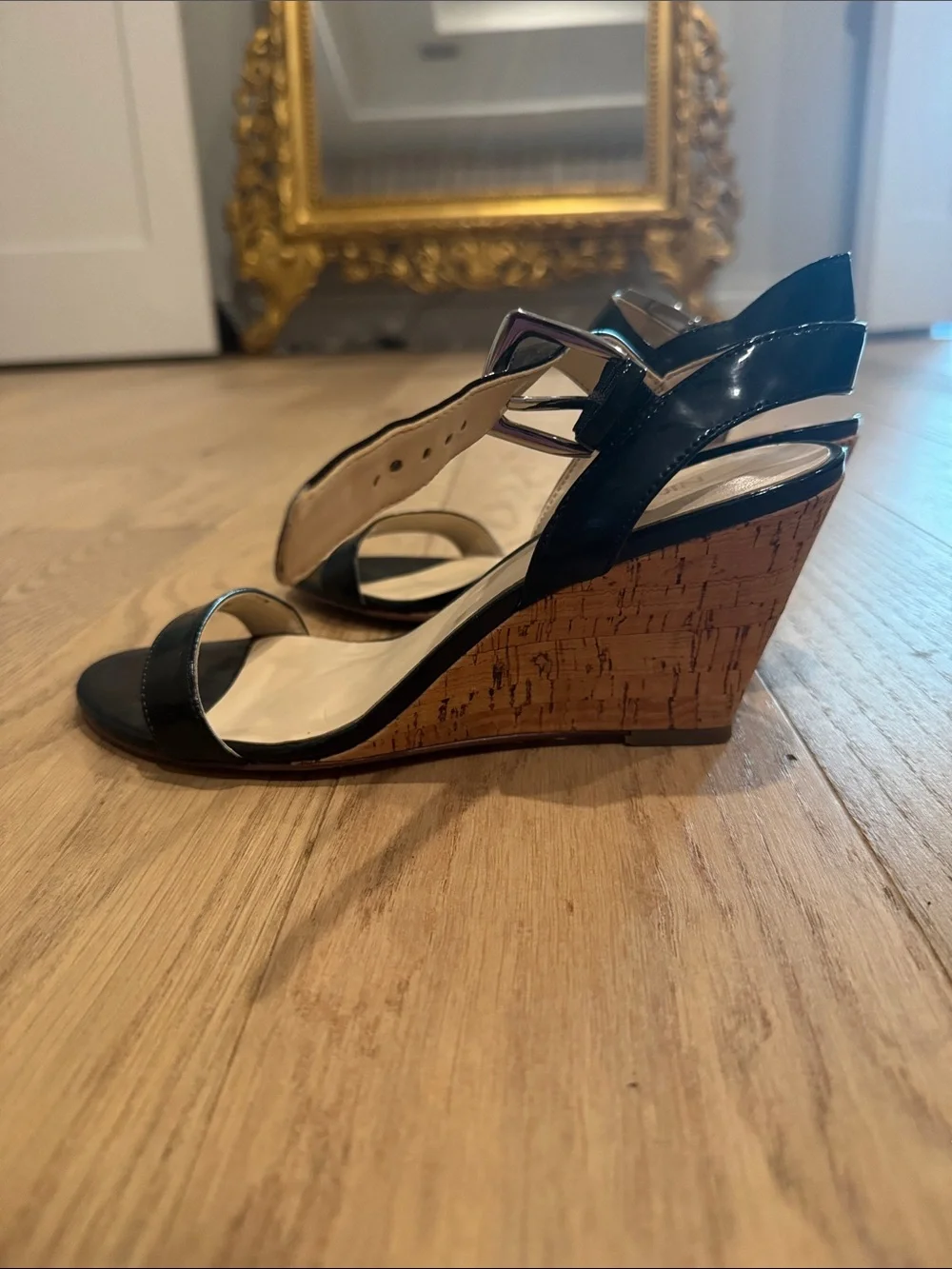 Nine West Black Patent Wedge Sandals with Cork-Look Heel